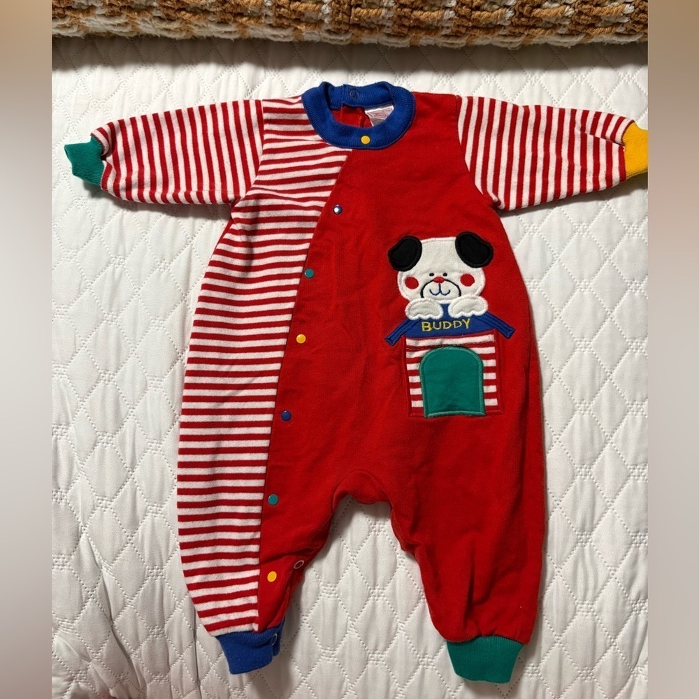 Buster Brown Vintage Red and White Striped Footie with Puppy Patch